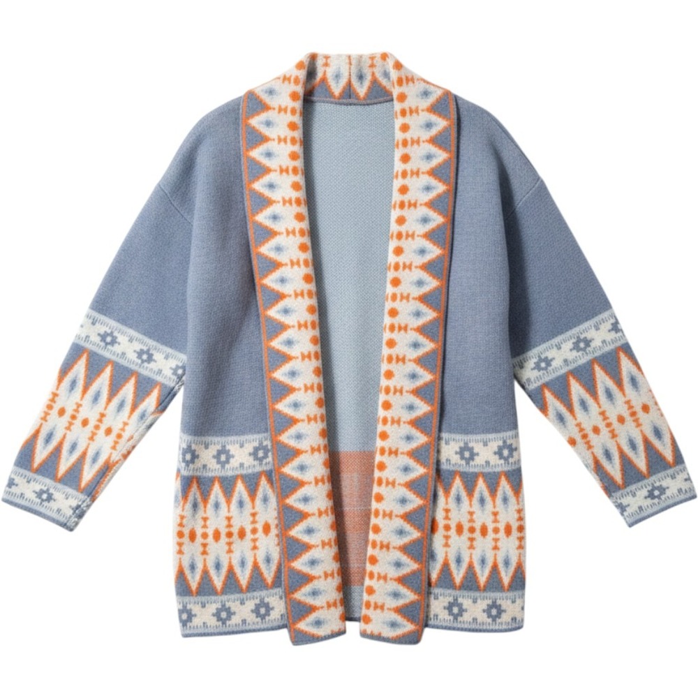 Cardigan Sweater S Blue Orange Southwestern Aztec Knit Boho Geometric